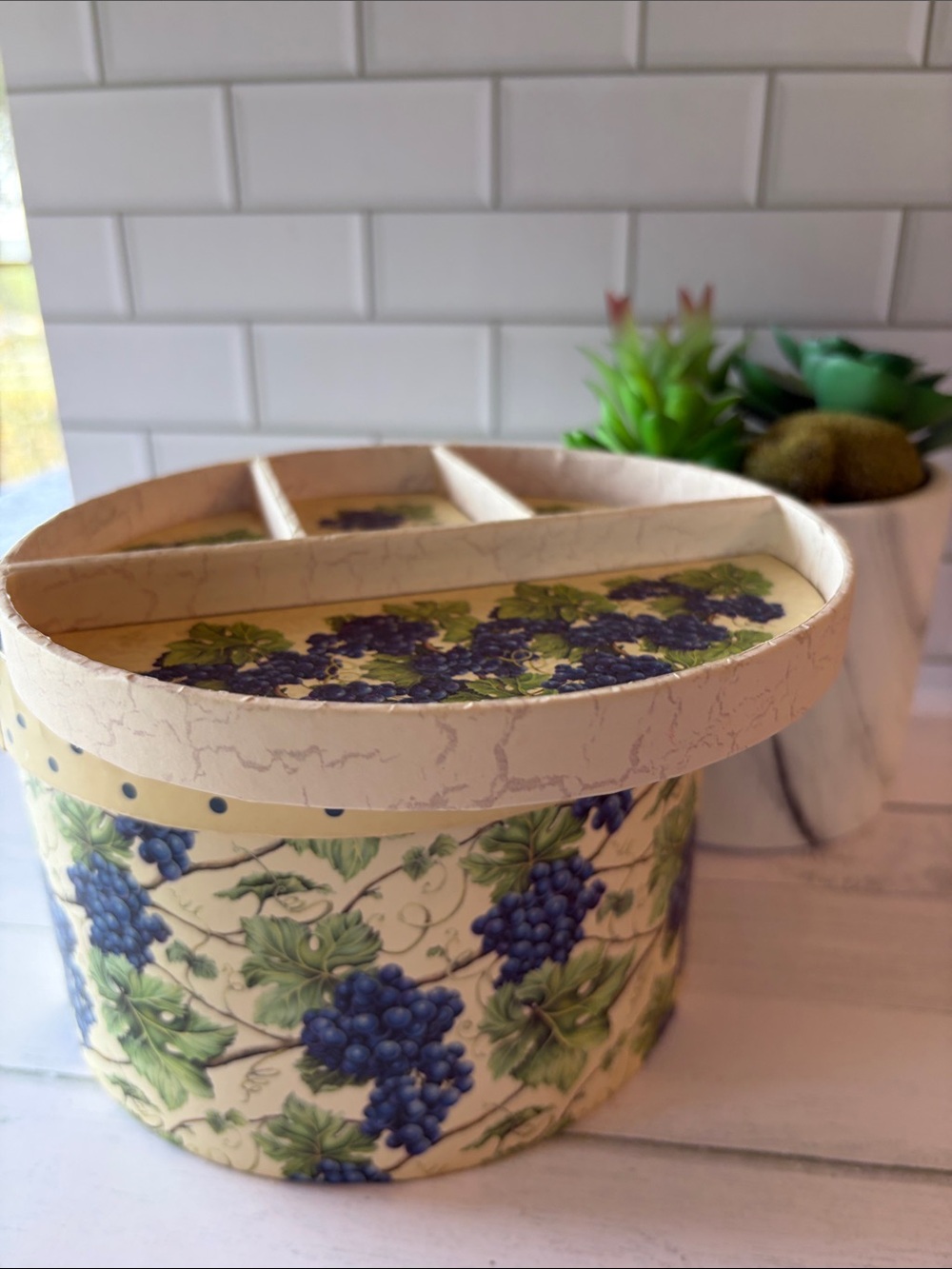 Cream and Blue Grape Decorative Storage Box with Divided Lid